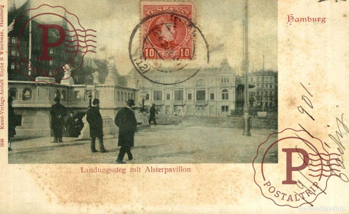 Postales: Hamburg - LANDUNGSSTEG MIT ALSTERPAVILLON SPANISH STAMP ESPA&Ntilde;A NACH CADIZ