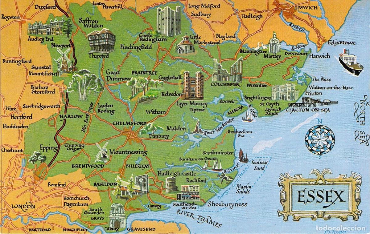 Postales: Tarjeta Postal del Mapa Ilustrado de Essex, Inglaterra - Salmon Watercolour