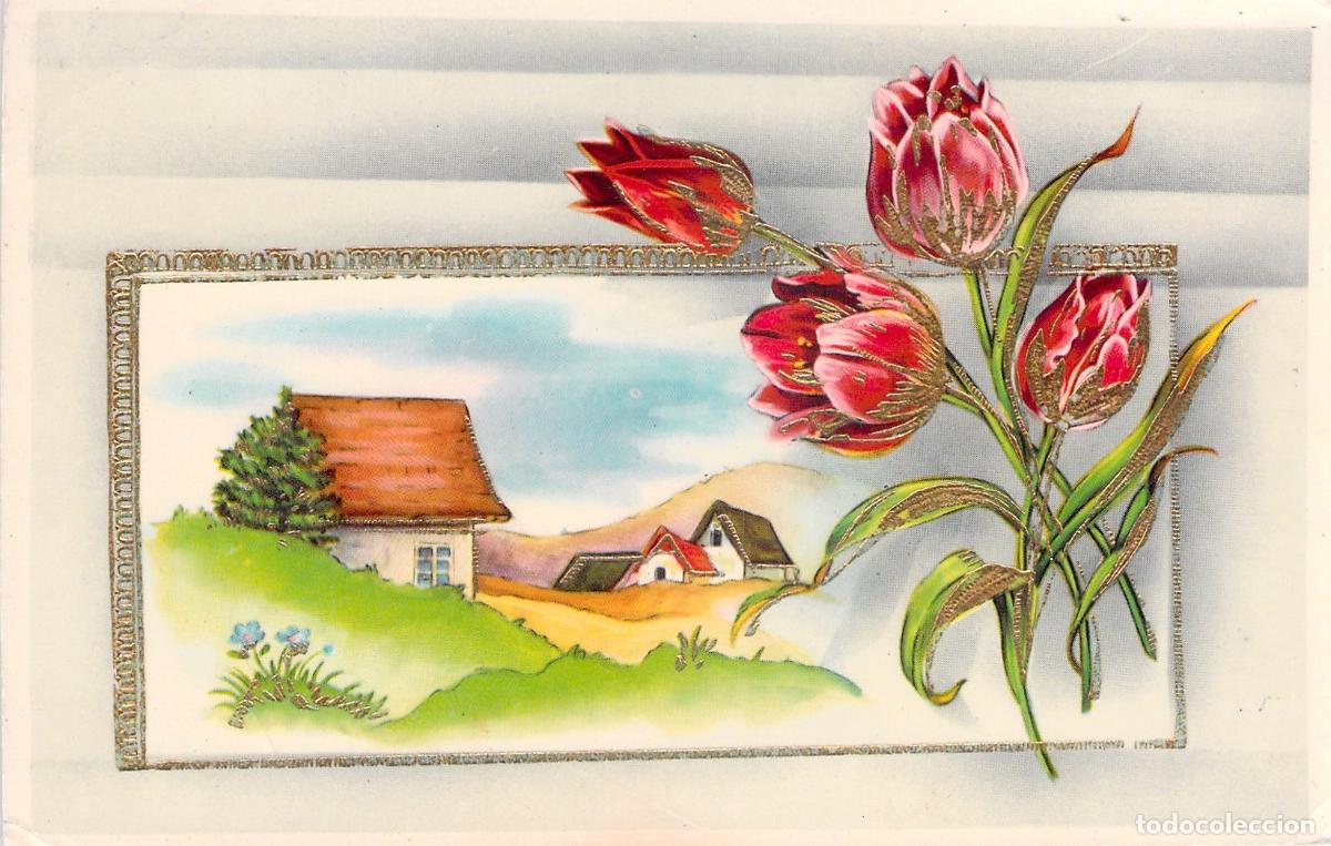 Postales: Postal Art&iacute;stica con Tulipanes Rojos y Paisaje Rural en Relieve