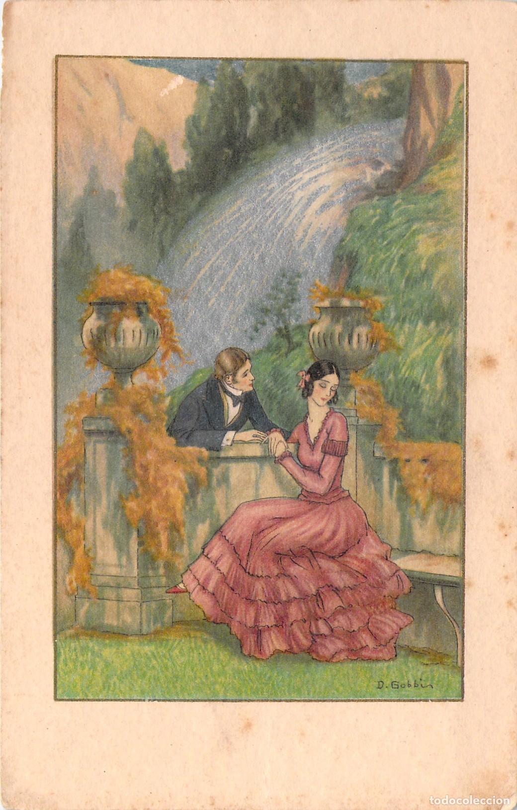 Postales: Postal Ilustraci&oacute;n Rom&aacute;ntica Pareja en Jard&iacute;n por D. Gobbi