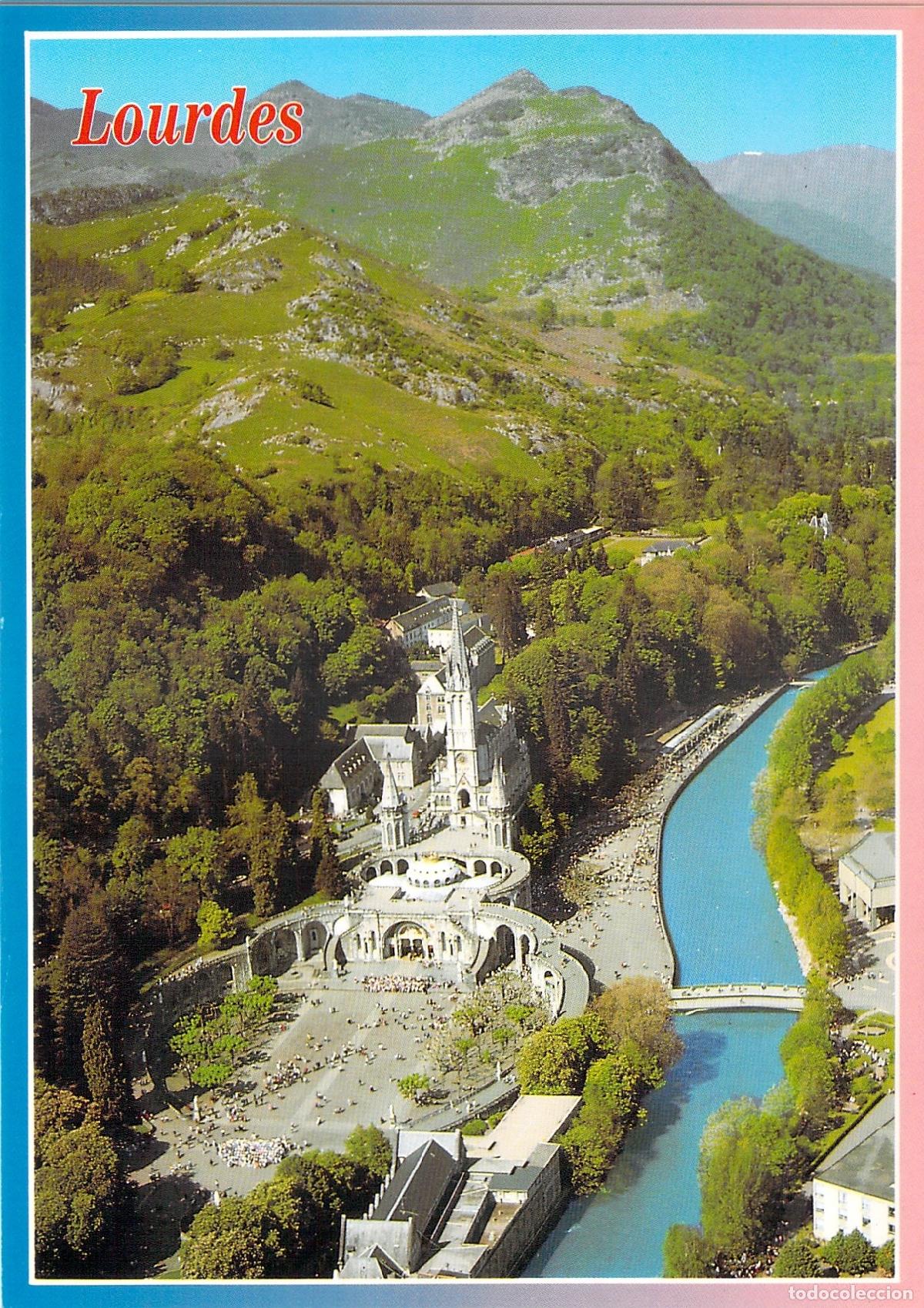 Postales: Postal de Lourdes: Vista A&eacute;rea de la Bas&iacute;lica y el R&iacute;o Gave