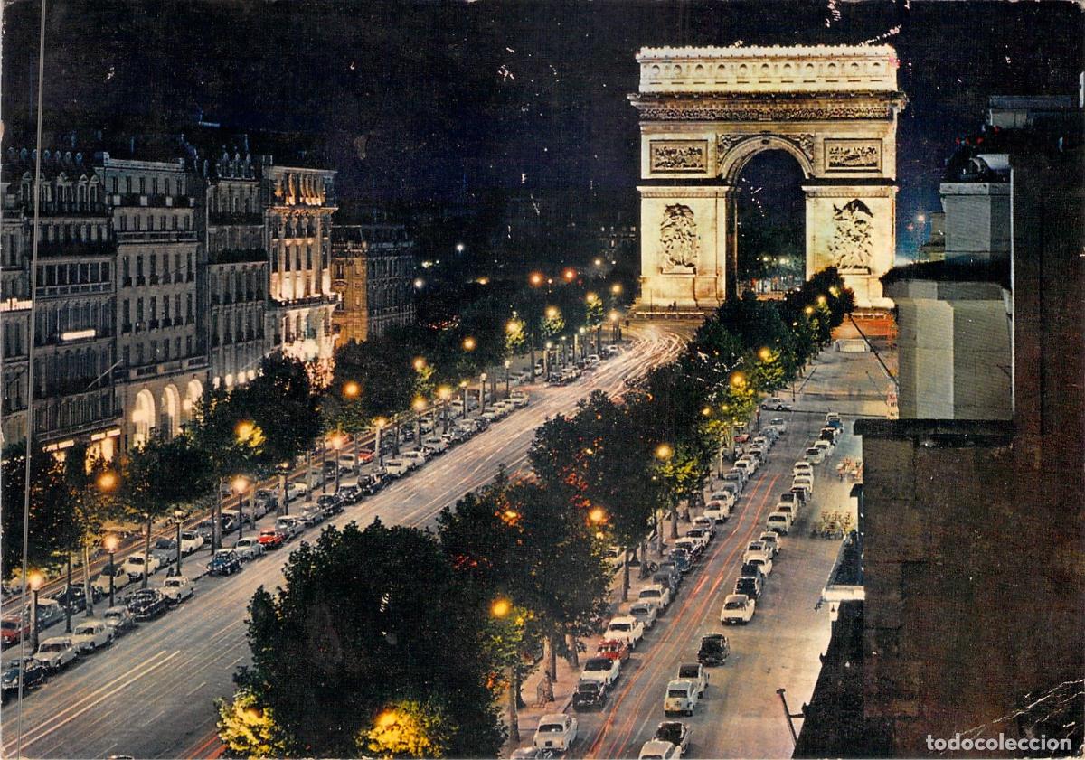 Postales: Postal de Par&iacute;s: Campos El&iacute;seos y Arco de Triunfo de Noche
