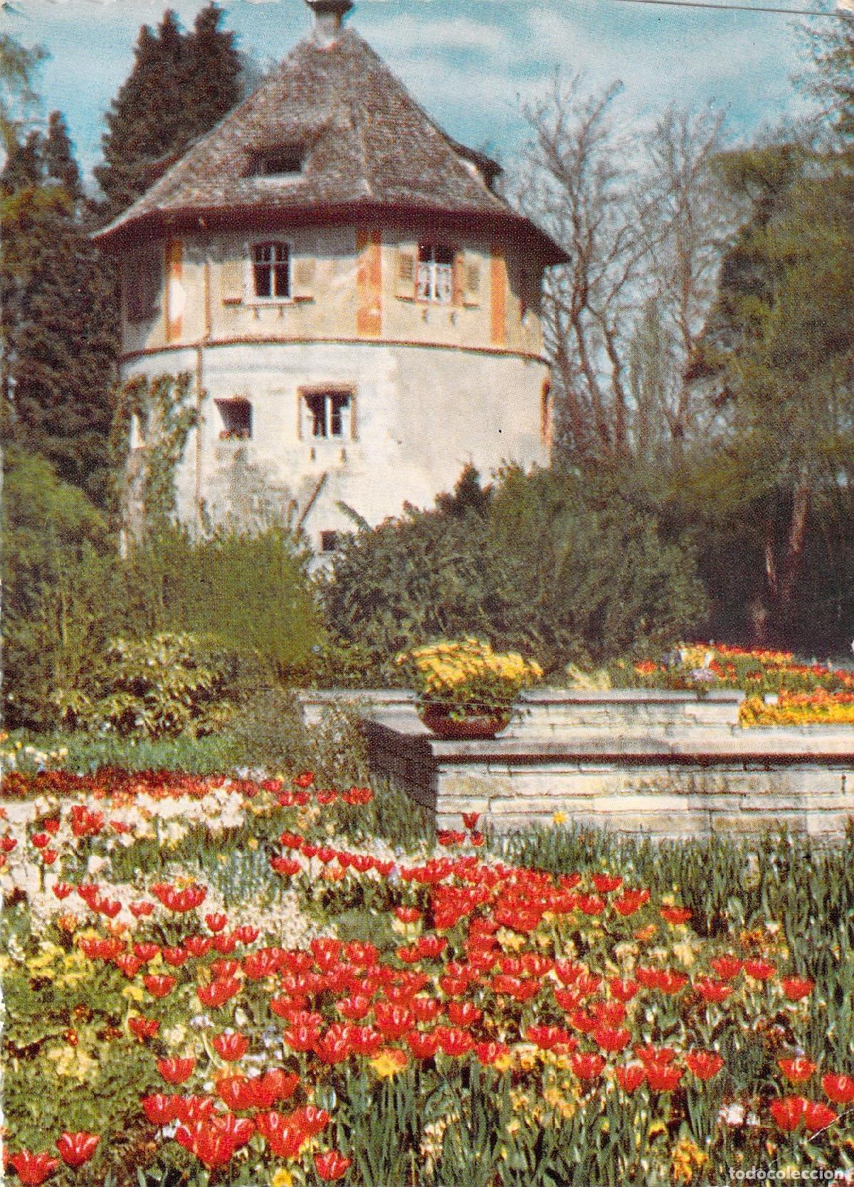 Postales: Postal Isla de Mainau Alemania Tulipanes y Antigua Torre de Defensa