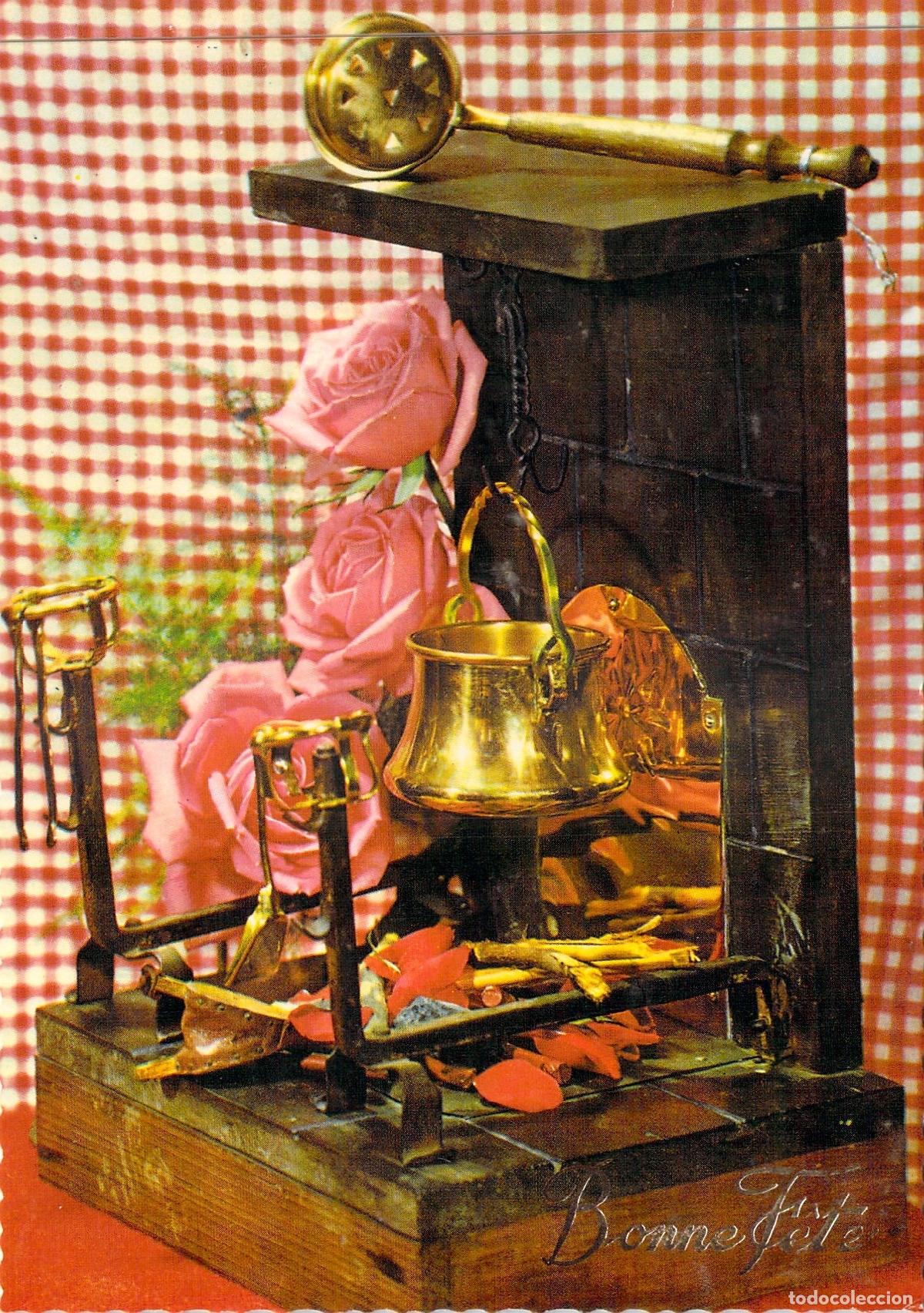 Postales: Postal Bonne F&ecirc;te de Chimenea en Miniatura con Rosas Rosas