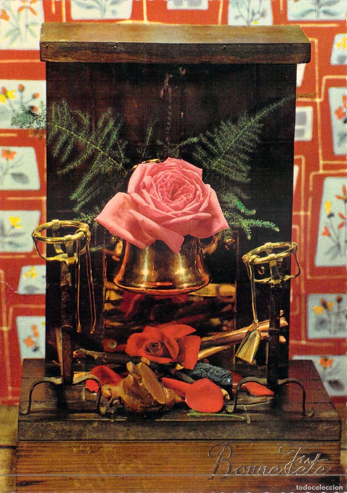 Postales: Postal Bonne F&ecirc;te con Rosa Rosa y Campana de Lat&oacute;n