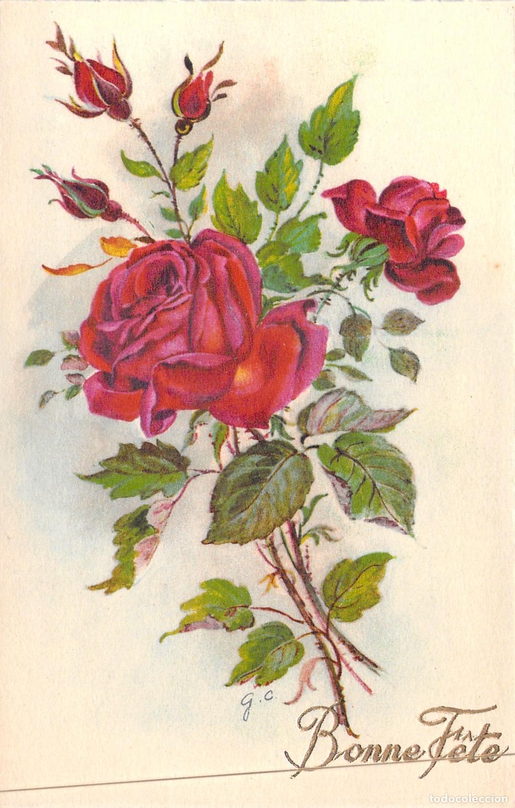 Postales: Tarjeta Postal Bonne F&ecirc;te con Ilustraci&oacute;n de Rosas Rojas