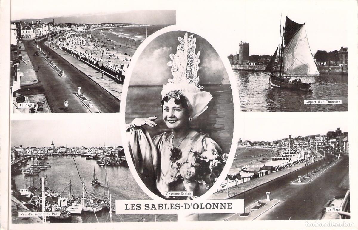 Postkarten: Postal de Les Sables-d'Olonne con Traje T&iacute;pico y Vistas del Puerto