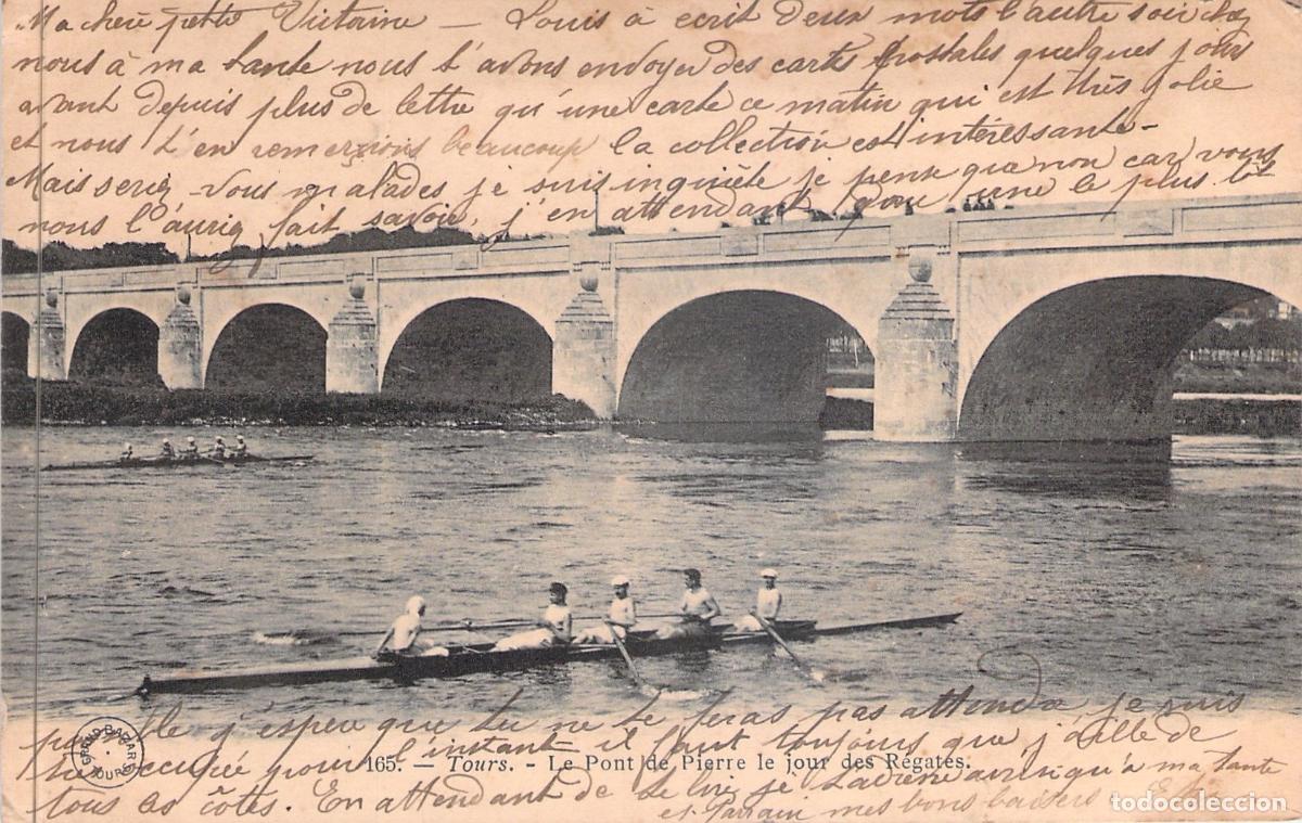 Cartoline: Postal de Tours: Pont de Pierre y Regatas en el R&iacute;o Loira