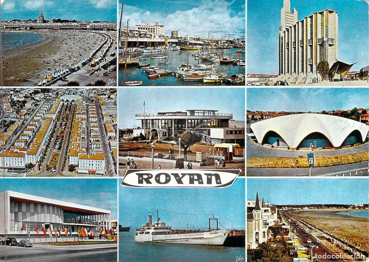 Cartoline: Postal Multi-vista de Royan, Francia: Iglesia, Puerto y Playa