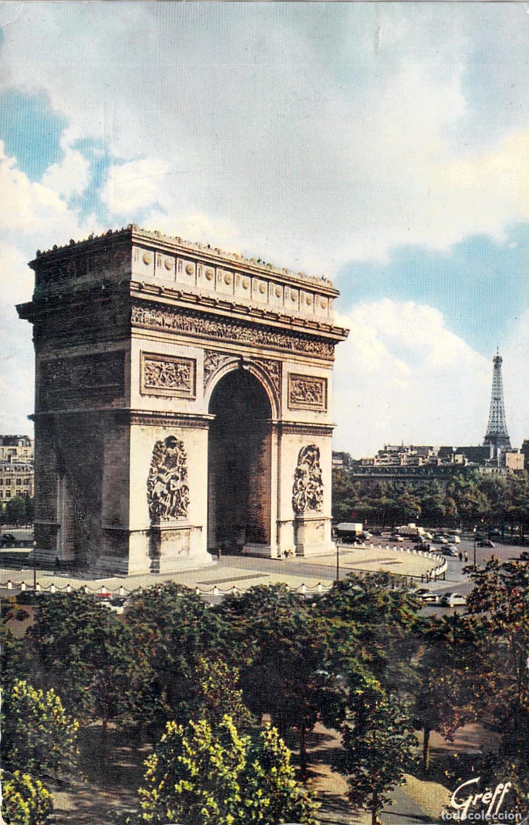 Postales: Postal de Par&iacute;s con el Arco del Triunfo y la Torre Eiffel