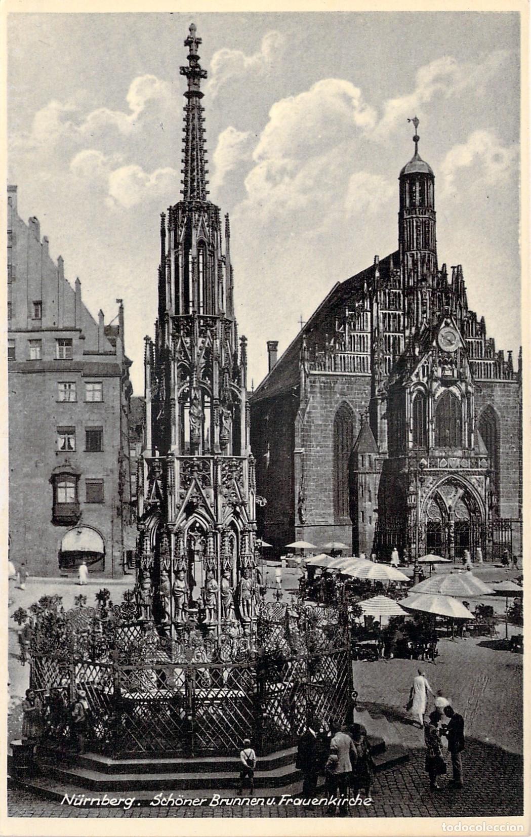 Postales: Postal de la Fuente Hermosa Sch&ouml;ner Brunnen y Frauenkirche en Nuremberg
