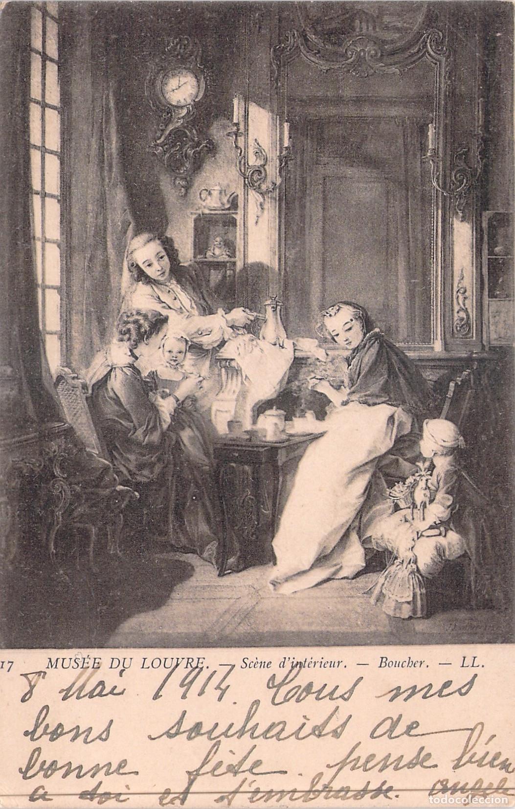 Postales: Postal Museo del Louvre, Sc&egrave;ne d'int&eacute;rieur por Boucher, Arte Franc&eacute;s