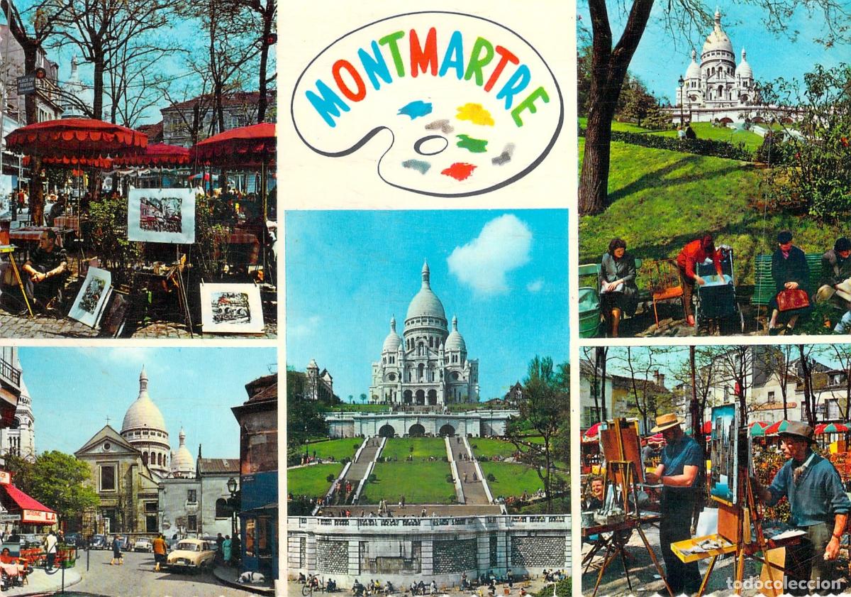 Postales: Postal de Montmartre Par&iacute;s Bas&iacute;lica del Sagrado Coraz&oacute;n y Artistas