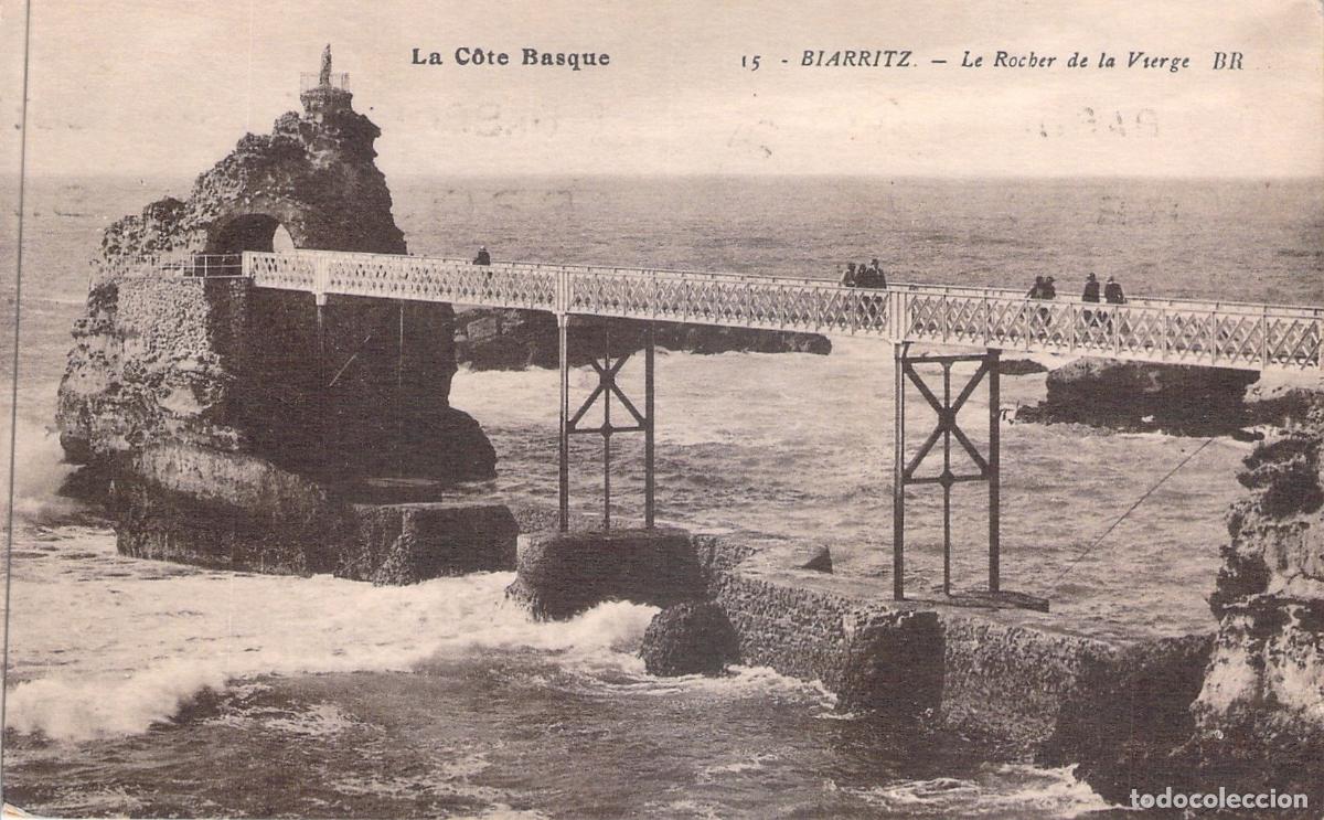 Postales: Postal Biarritz Le Rocher de la Vierge y su puente en la Costa Vasca