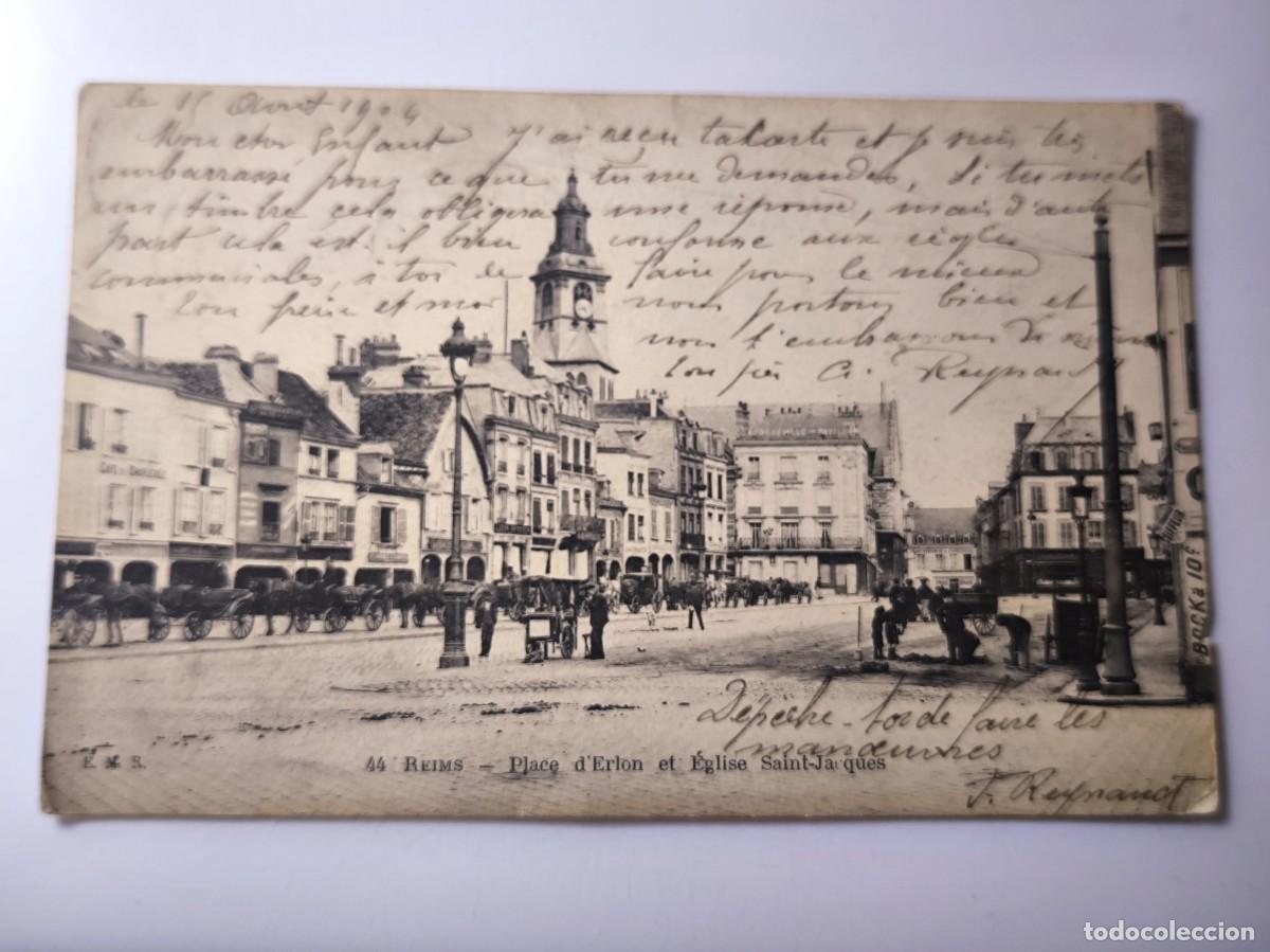 Postales: Antigua postal francesa. Reims. Placed'Erlon et Eglise Sa&iacute;nt Jacques. Principios siglo XX. Francia.