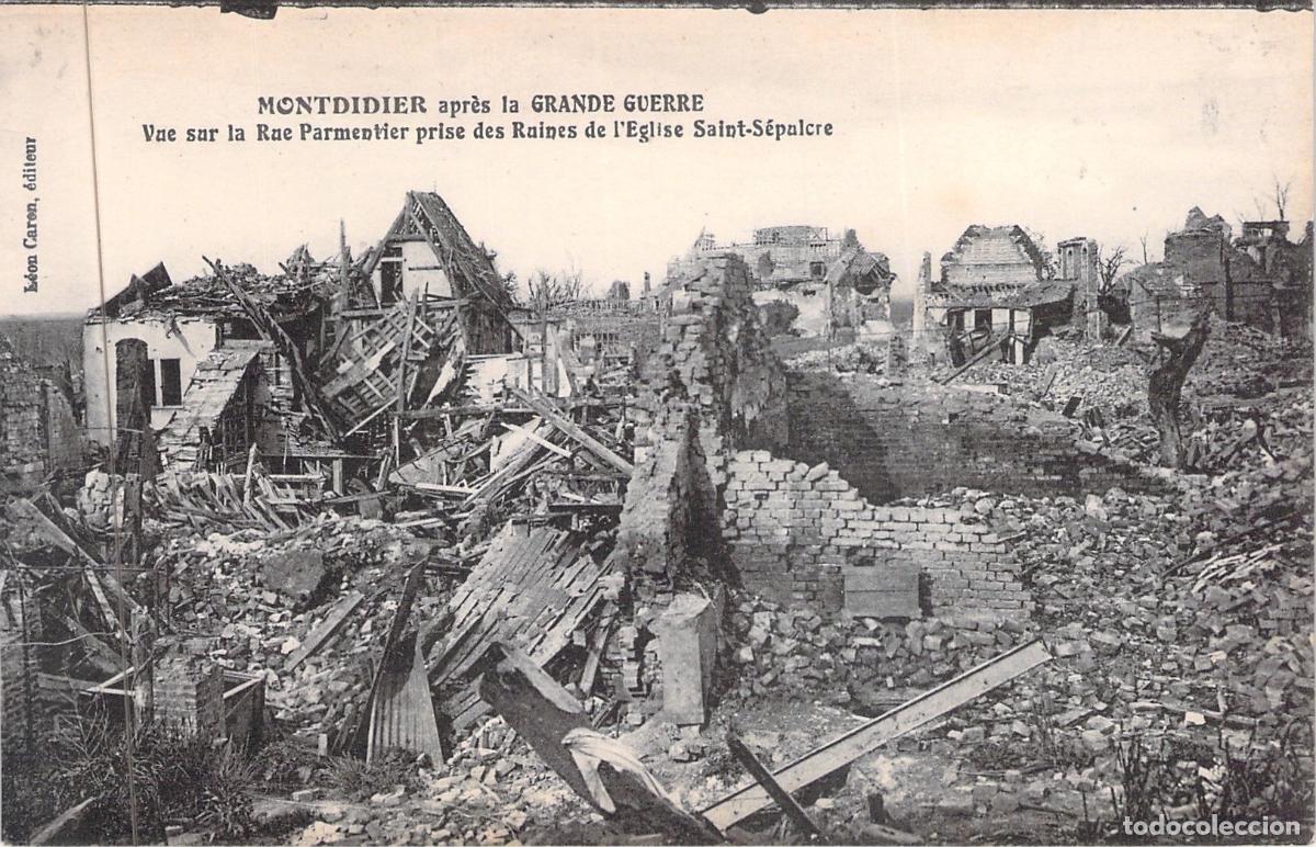 Postales: Postal de Montdidier tras la Gran Guerra: Ruinas de la Calle Parmentier