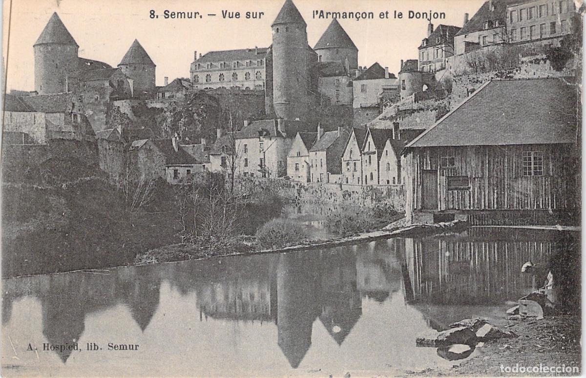 Postales: Postal de Semur: Vista del R&iacute;o Arman&ccedil;on y el Torre&oacute;n Medieval