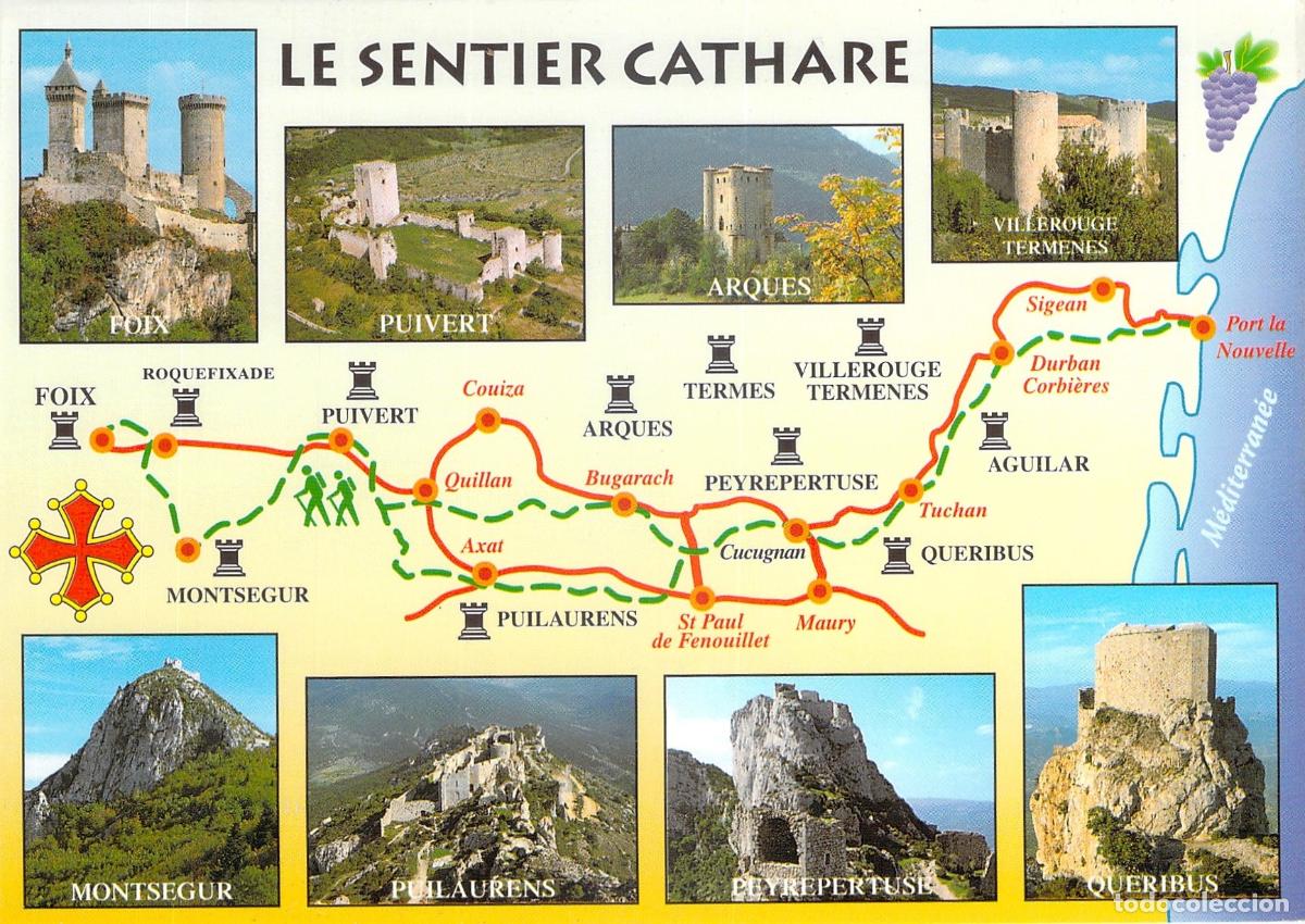 Postales: Postal del Sendero C&aacute;taro con Mapa y Castillos de Aude y Ari&egrave;ge