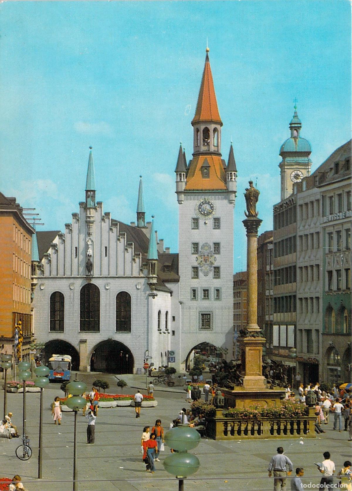 Postales: Postal de M&uacute;nich: Antiguo Ayuntamiento, Columna de Mar&iacute;a e Iglesia de San Pedro
