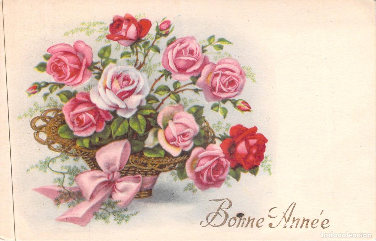 Cartes Postales: Postal Francesa de A&ntilde;o Nuevo con Cesta de Rosas