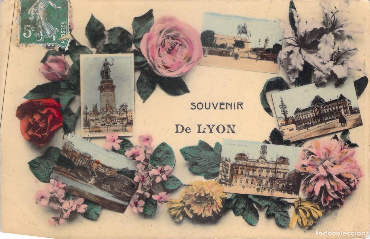 Postales: Postal de Recuerdo de Lyon con Flores y Vistas de Monumentos