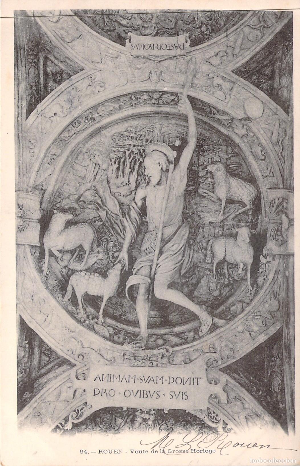 Postales: Postal de Rouen: B&oacute;veda de la Grosse Horloge y el Buen Pastor