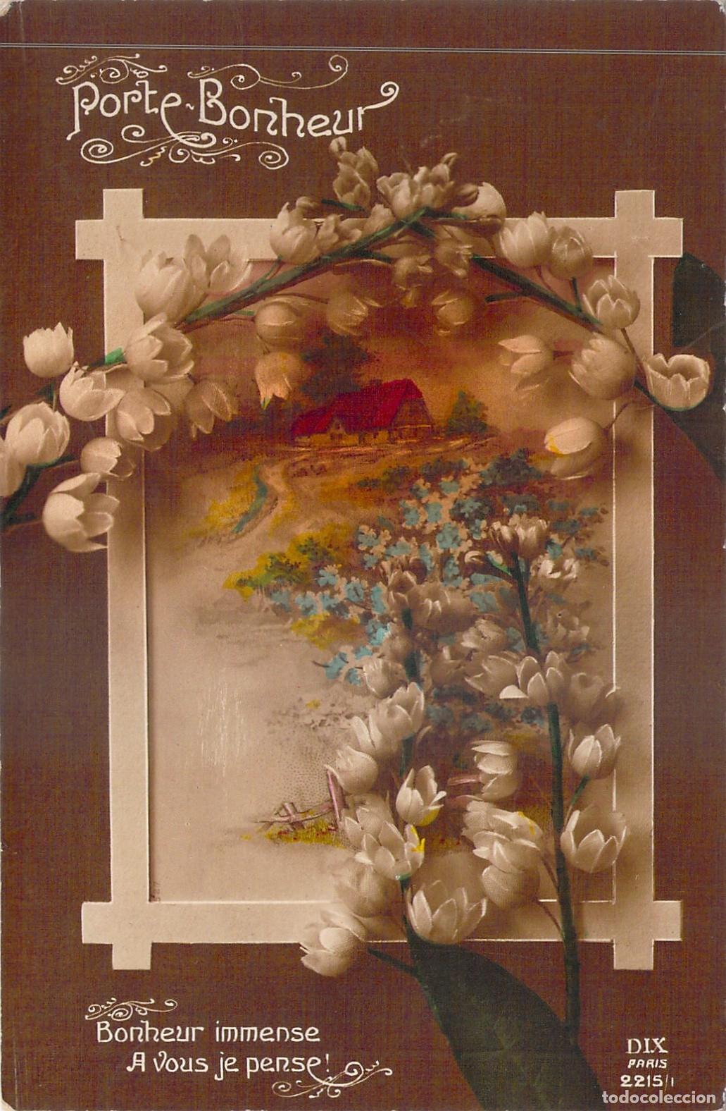 Postales: Postal Porte-Bonheur con Lirios de los Valles y Paisaje Rural