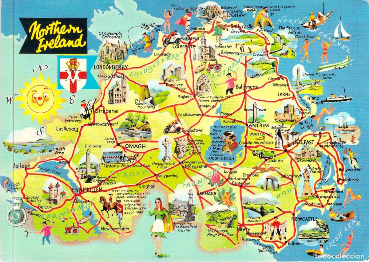 Postcards: Postal con Mapa Ilustrado de Irlanda del Norte y Monumentos
