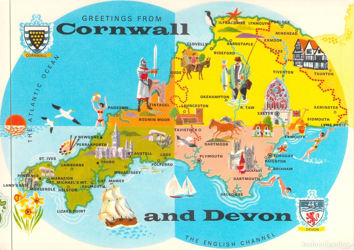 Postcards: Postal Mapa Ilustrado de Cornwall y Devon, Inglaterra