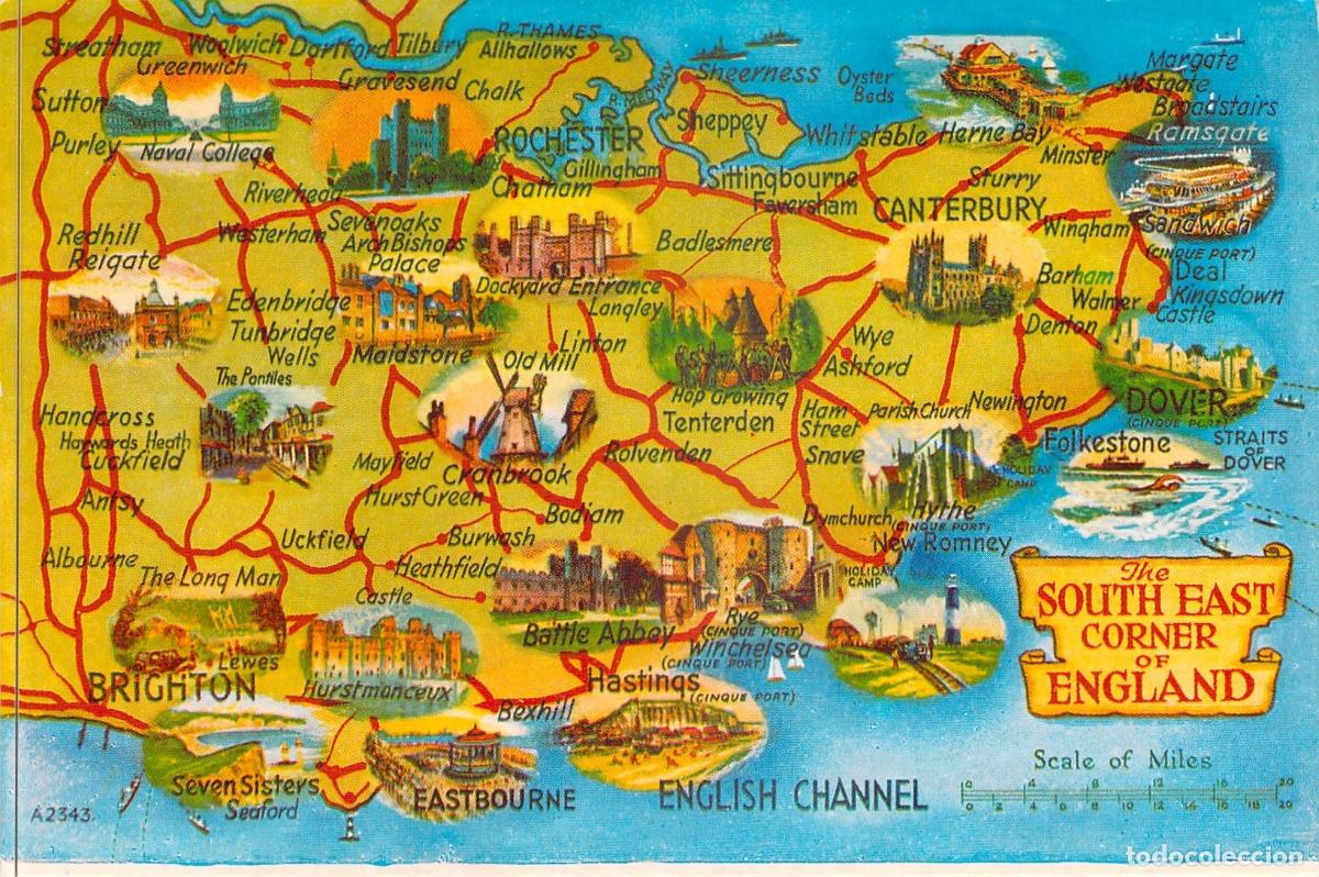Postcards: Postal de Mapa Ilustrado del Sureste de Inglaterra, Kent y Sussex