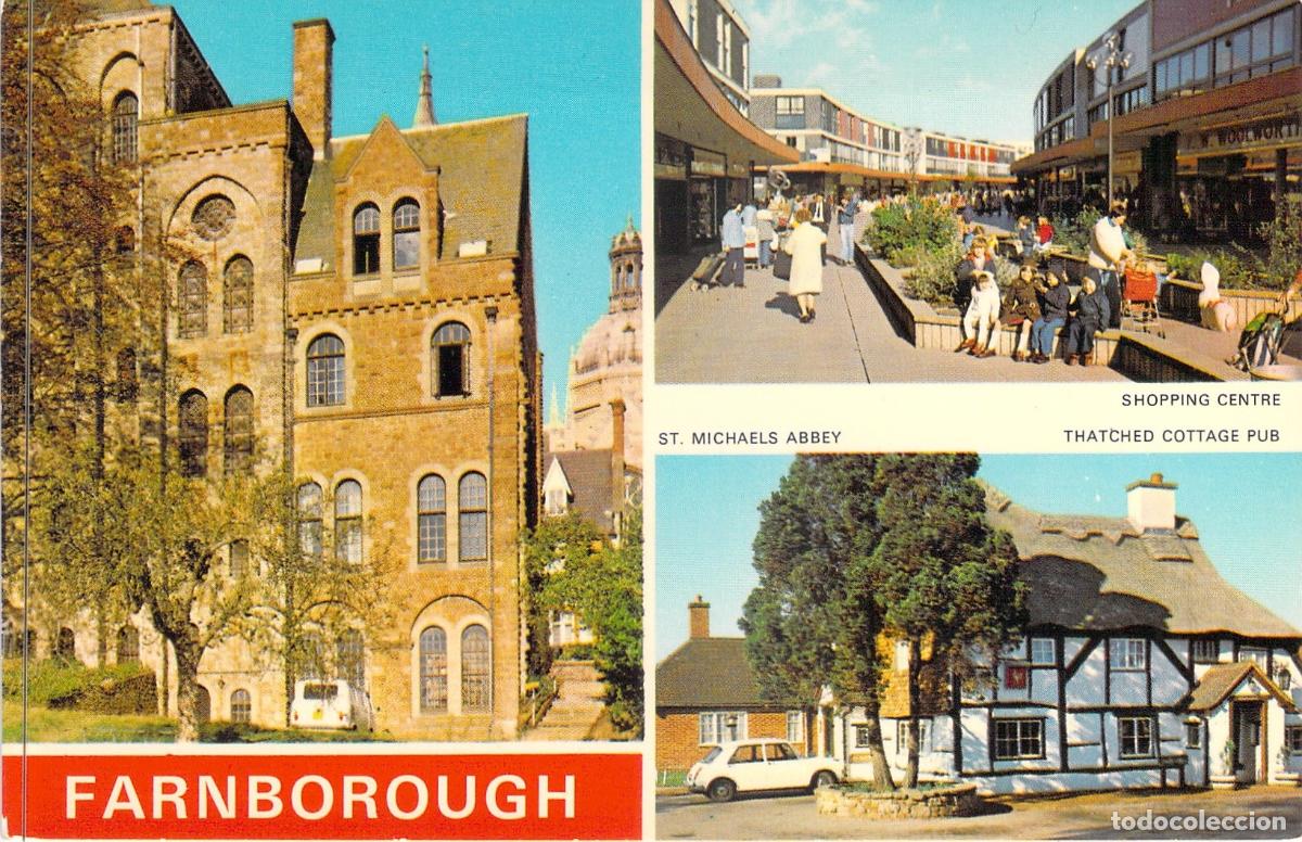 Postcards: Postal de Vistas de Farnborough: Abad&iacute;a, Centro Comercial y Pub