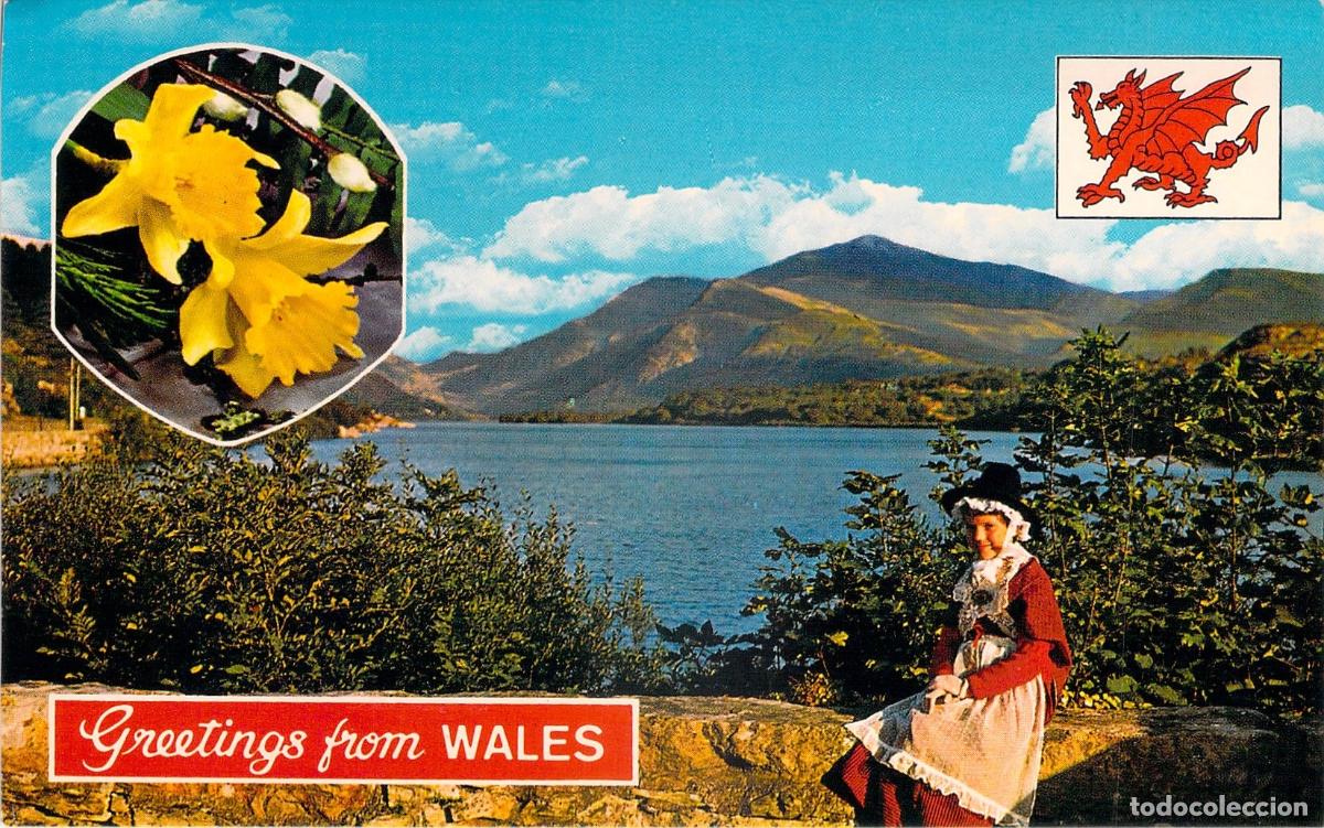 Postcards: Postal de Gales con Traje T&iacute;pico y Paisaje de Monta&ntilde;a