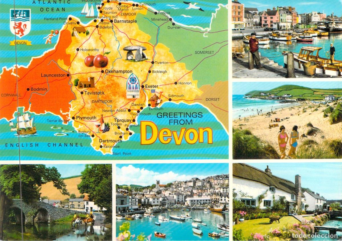 Cartoline: Postal de Saludos de Devon Inglaterra con Mapa y Paisajes