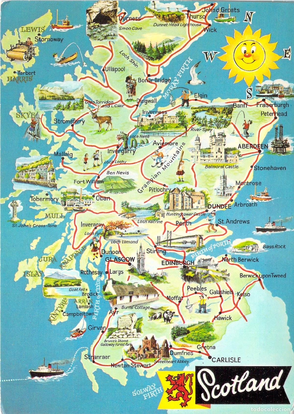 Postales: Postal Mapa Ilustrado de Escocia con Monumentos y Paisajes
