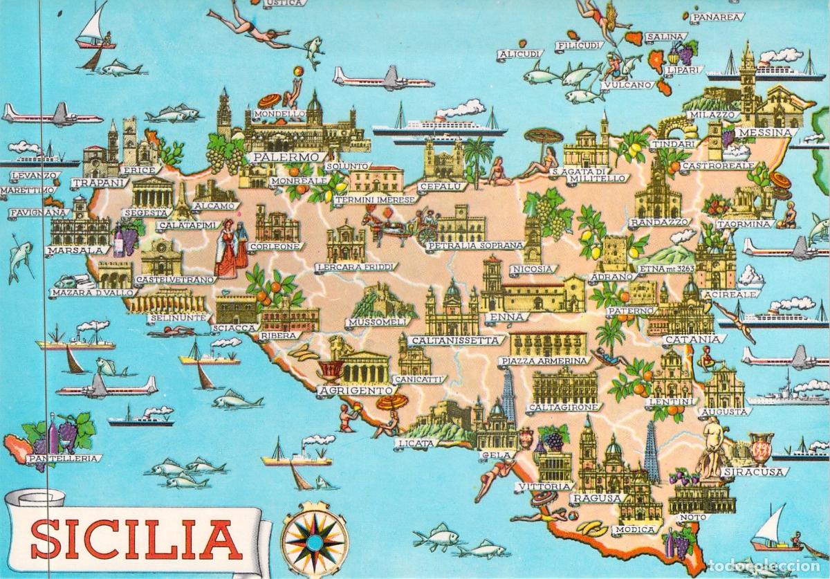 Postales: Postal Mapa Ilustrado Tur&iacute;stico de Sicilia, Italia