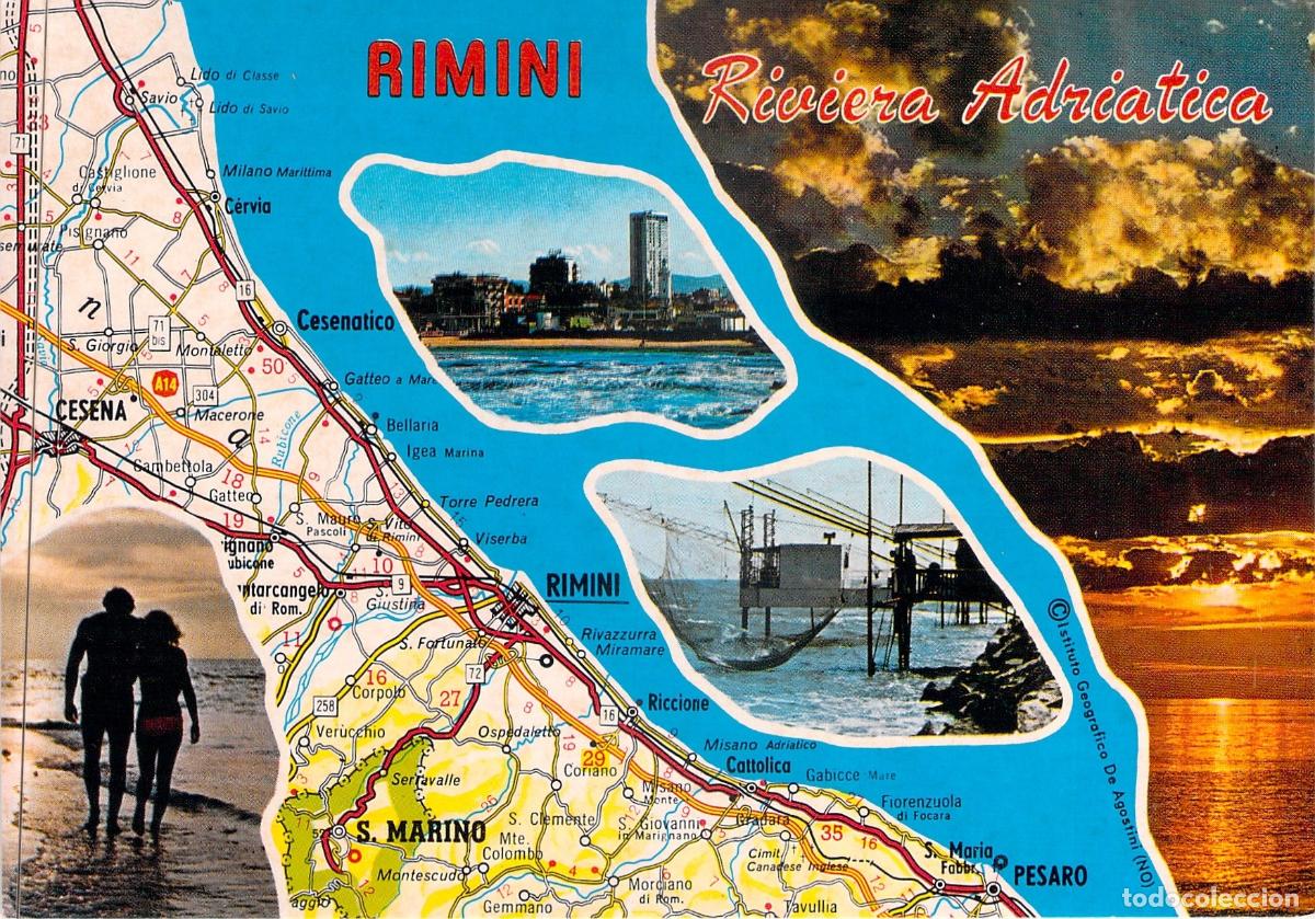 Postales: Postal de Rimini Riviera Adri&aacute;tica con Mapa y Paisajes Costeros