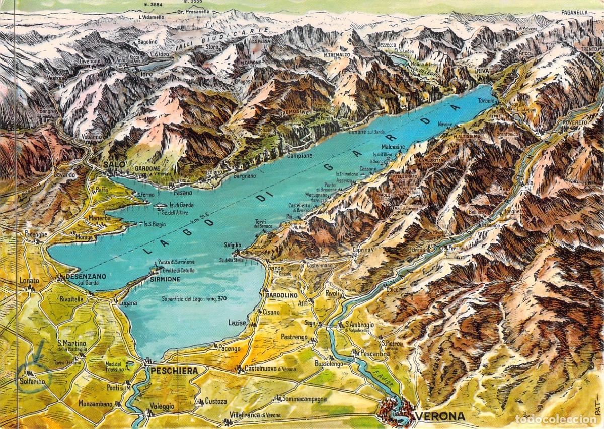 Postales: Postal Mapa Geogr&aacute;fico del Lago de Garda Italia Panor&aacute;mica