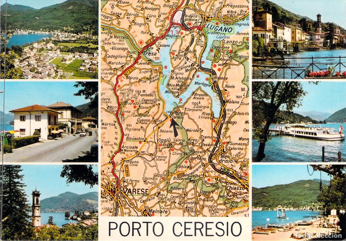 Postales: Postal de Porto Ceresio Italia Multivista con Mapa del Lago