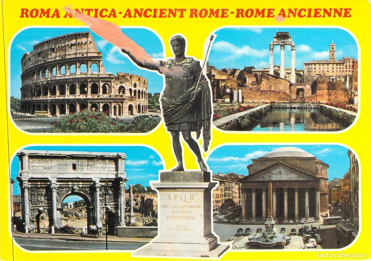 Postales: Postal de Roma Antigua con el Coliseo, Pante&oacute;n y Estatua de Augusto