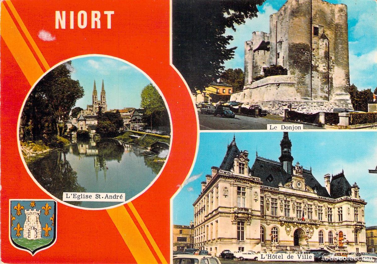 Postales: Postal de Niort con Vistas de la Iglesia, el Torre&oacute;n y el Ayuntamiento