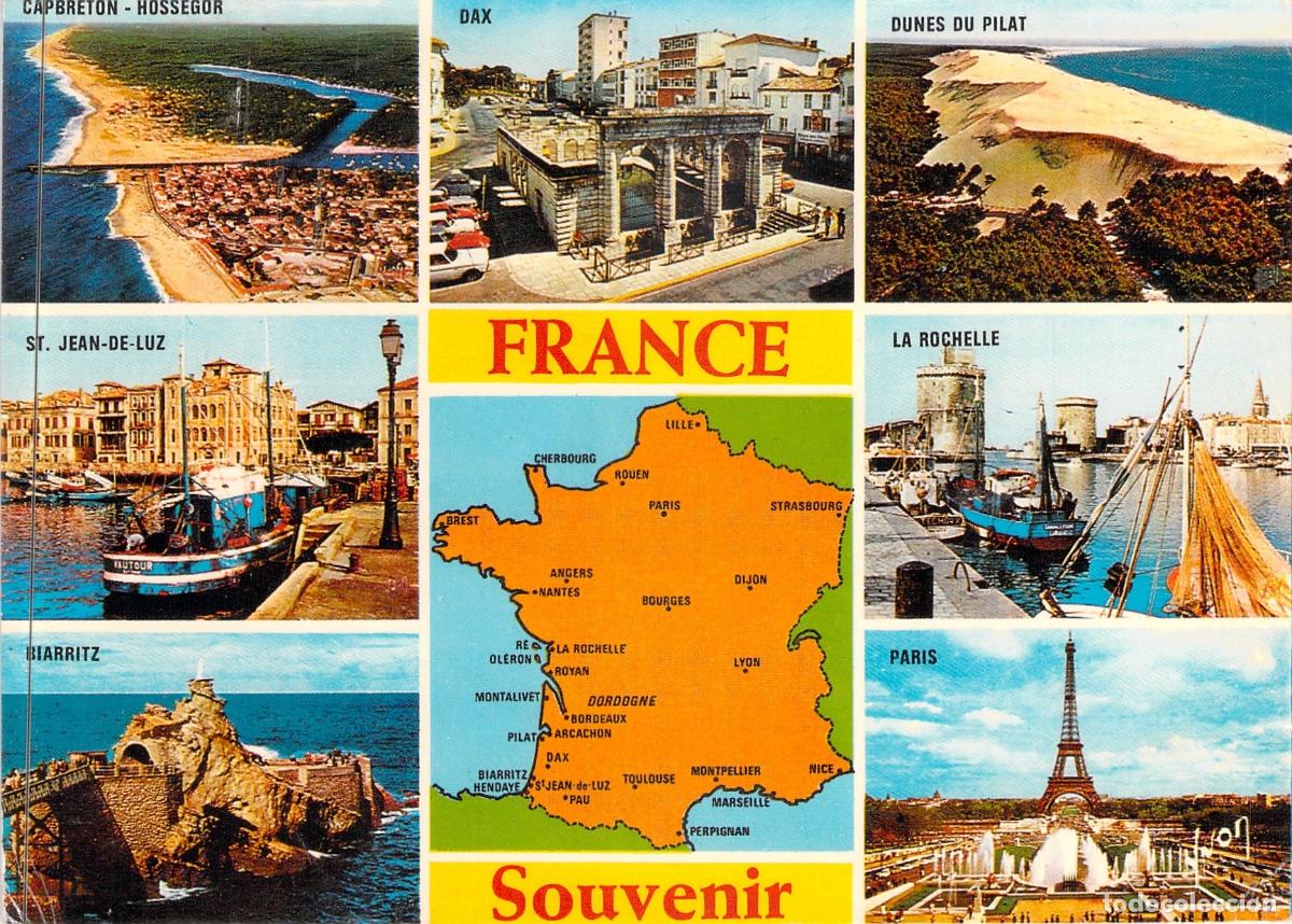 Postales: Postal de Recuerdo de Francia con Mapa y Vistas Tur&iacute;sticas