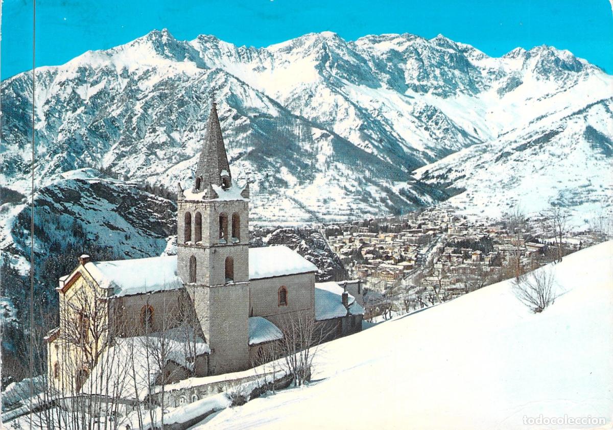 Postales: Postal de Bardonecchia e Iglesia de Millaures en los Alpes Italianos