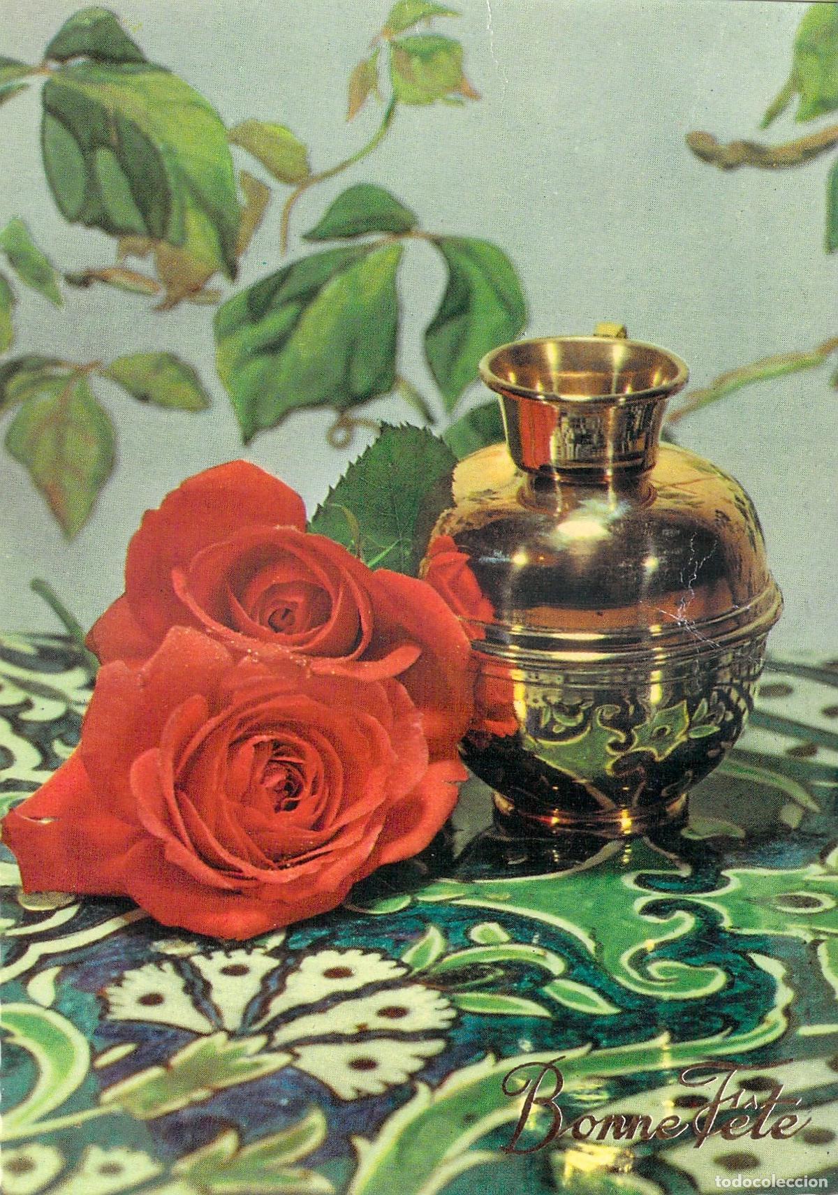 Postales: Postal Bonne F&ecirc;te con Rosas Rojas y Jarra de Bronce