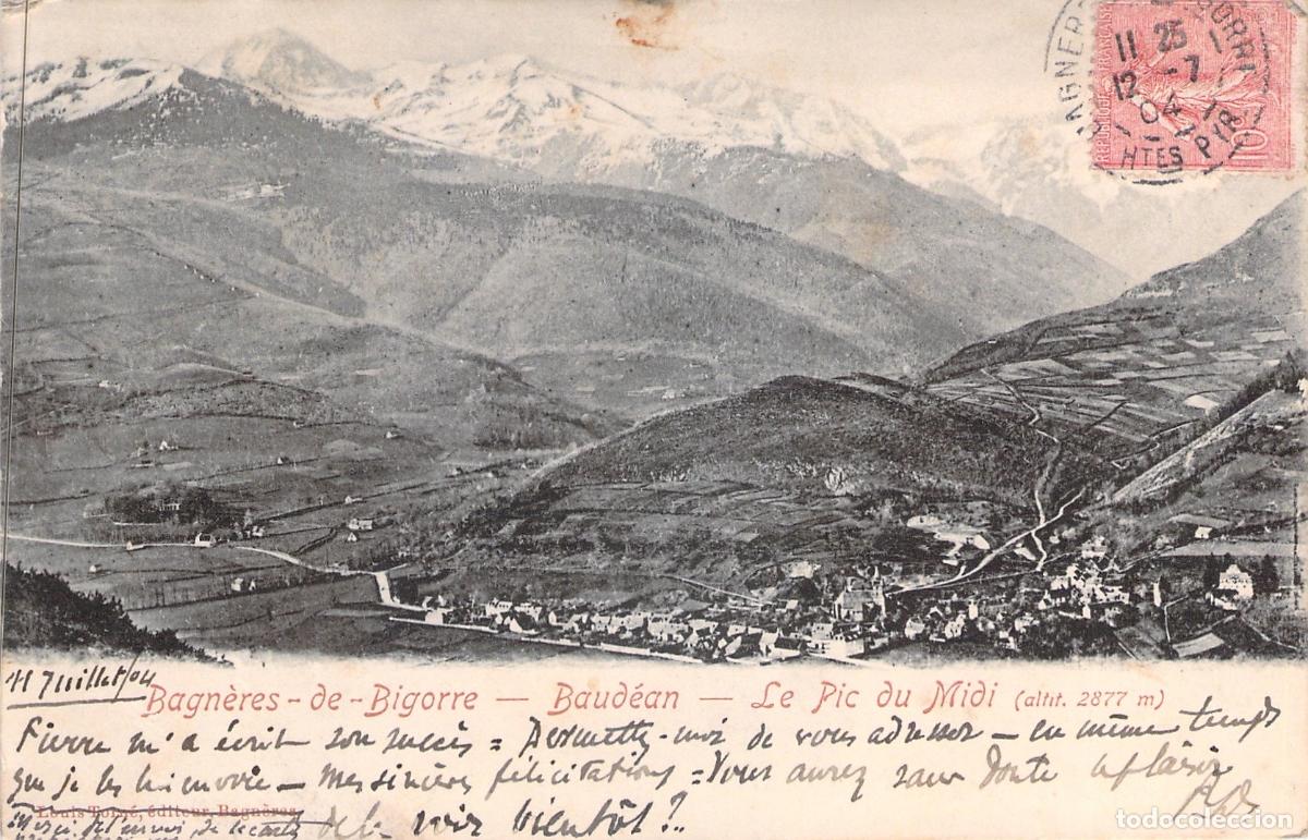 Postkarten: Postal de Bagn&egrave;res-de-Bigorre, Baud&eacute;an y el Pic du Midi, Francia