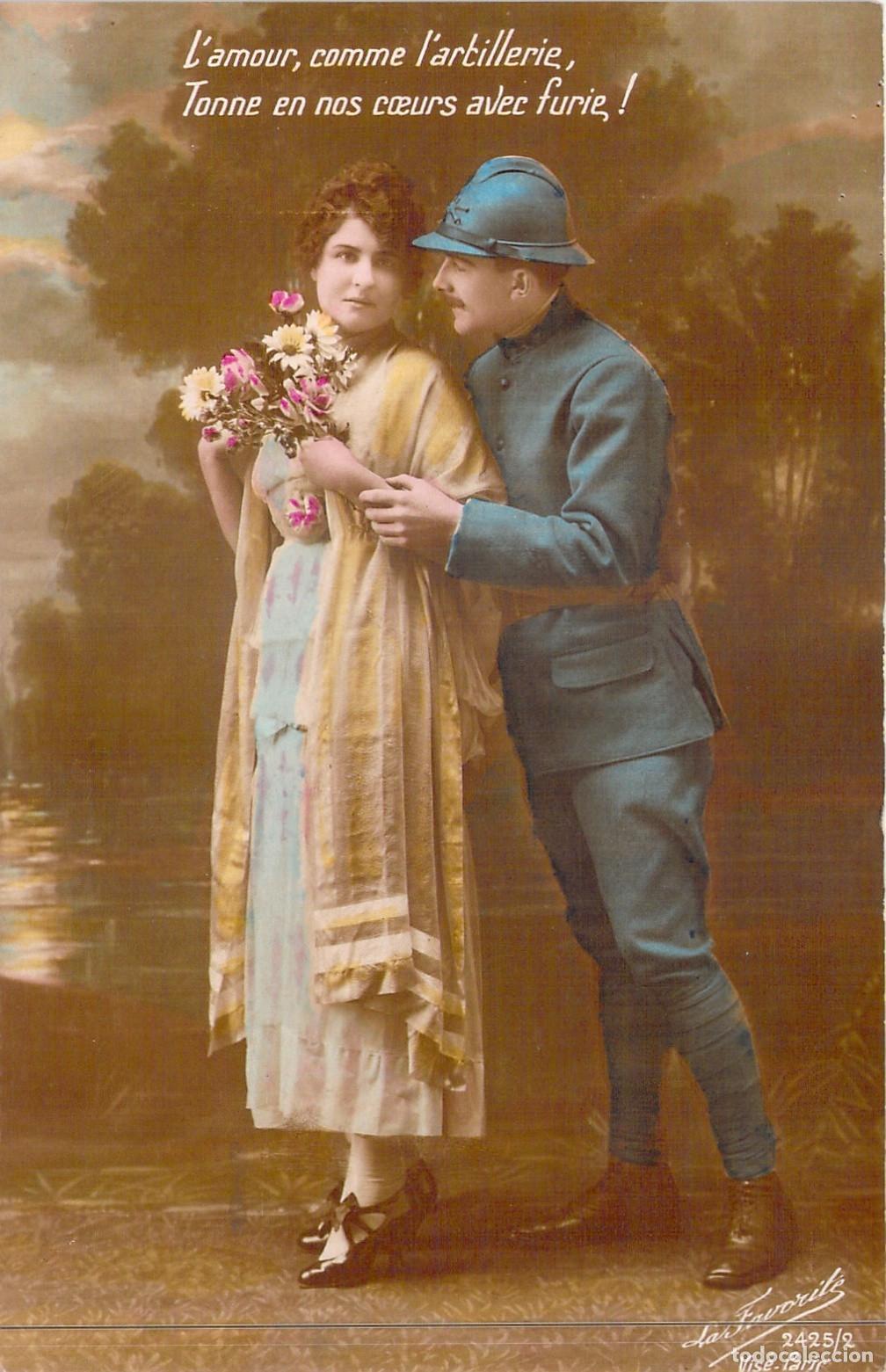 Postkarten: Postal Francesa de Romance Militar con Soldado en Uniforme Azul