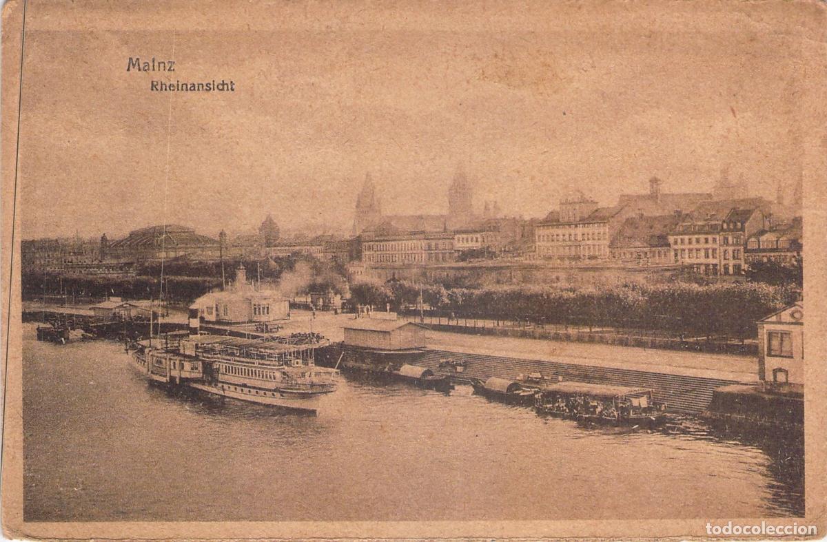 Postkarten: Postal de Mainz y Vista del R&iacute;o Rin con Barco de Vapor