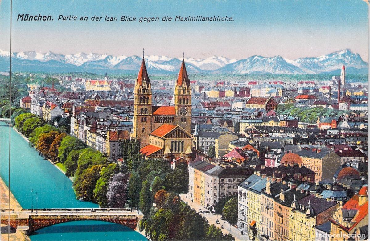 Postales: Postal de M&uacute;nich: Vista del R&iacute;o Isar y la Iglesia de San Maximiliano