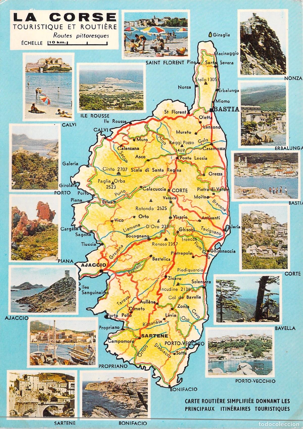 Postales: Postal de Mapa Tur&iacute;stico de C&oacute;rcega con Paisajes Regionales