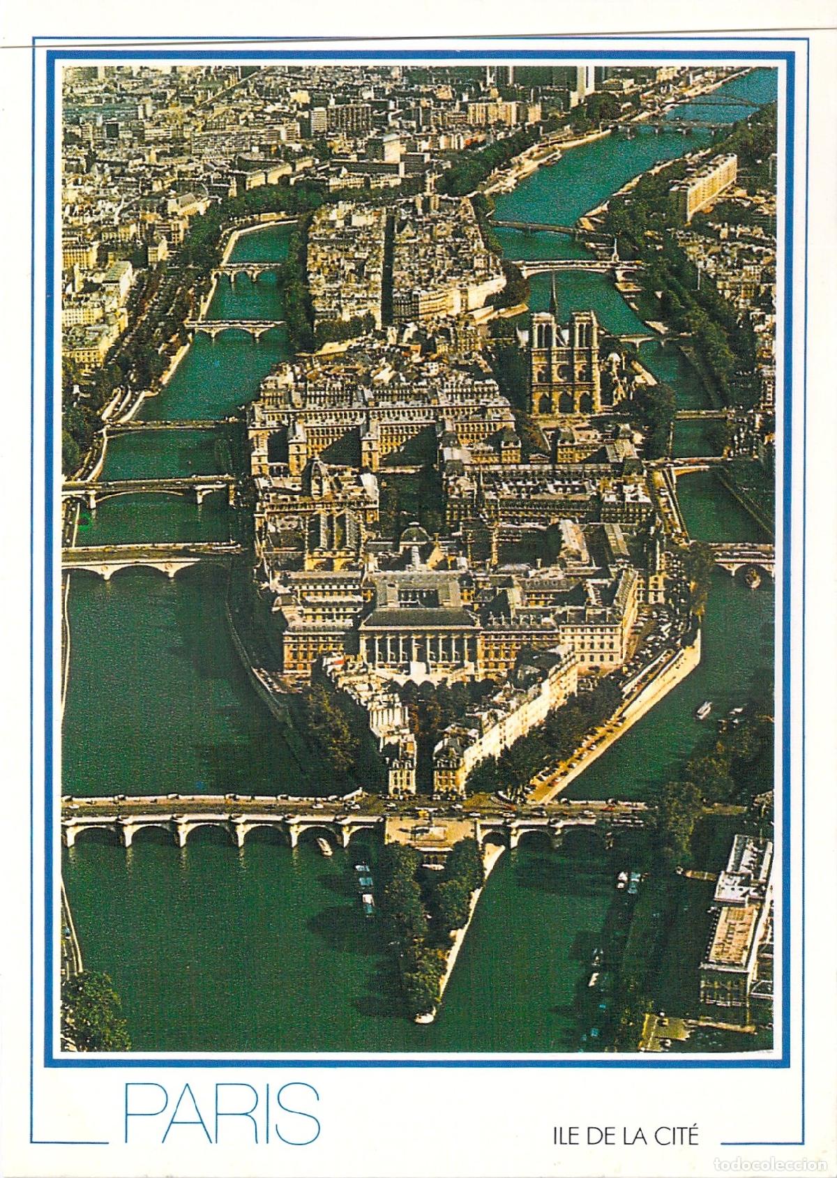 Postales: Postal de Par&iacute;s con vista a&eacute;rea de la Isla de la Cit&eacute; y el Sena