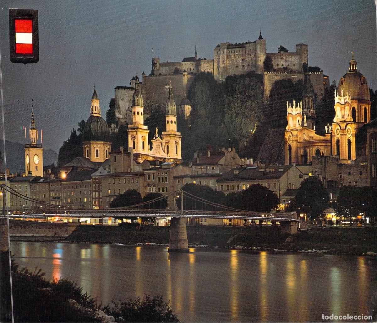 Postales: Postal de Salzburgo: Castillo Hohensalzburg y R&iacute;o Salzach de Noche